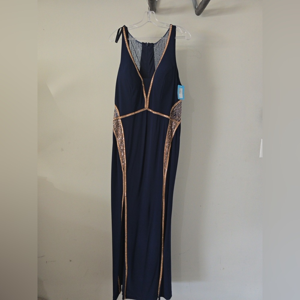French Novelty Navy Sparkling Double Slit Prom Gown - size 14 NWT